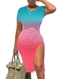 GOKATOSAU Damen Sexy Bodycon Kurzarm Schlitz Rüschen Sommer Club Party Midi Kleid, Blau-rosa Farbverlauf, X-Large