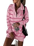 Dokotoo Pullover Kleider Damen Kleid Langarm Streifen Geringeltes Strickkleid Sexy Minikleid Herbst Winter Strick Sweater Reverskleid Reißverschluss Freizeitkleid Rosa M