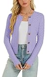 Enjyam Damen Strickjacke Elegant Langarm Rundhals Cardigan Leicht Bolero Jäckchen mit Knöpfe Weiche Strickweste Lila,L