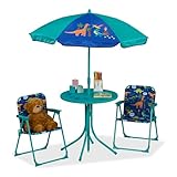 Relaxdays Camping Kindersitzgruppe, Dino Motiv, Kindersitzgarnitur mit Sonnenschirm, Klappstühlen, Tisch, Garten, türkis