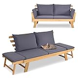 GIANTEX Gartenbank mit Liegefunktion, Gartensofa mit klappbaren Seitenlehnen, Balkonbank mit Auflagen, Sitzbank Outdoor aus Akazienholz, Loungesofa 3-Sitzer, Liegesofa für Balkon Garten Terrasse