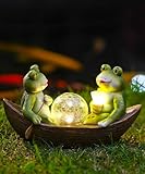 Goodeco Solar Gartenfigur Frösche im Ruderboot mit LED-Beleuchtung Wetterfeste Gartendeko aus Resin für Terrasse & Beet Originelle Geschenkidee für Naturliebhaber