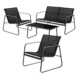 ML-Design Gartenmöbel Set 4-tlg, Schwarz, Balkonmöbel aus Stahl & Textilene für 4 Personen, Garten Sitzgruppe mit Glastisch, Sofa und 2 Sesseln, wetterfest, Gartengarnitur Outdoor für Balkon, Terrasse