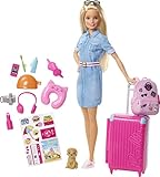 Barbie-Puppe Barbie Dream House Adventures, Reise-Barbie mit blonden Haaren, rosa Koffer, Rucksack, Nackenkissen, Welpe, Barbie-Zubehör, Geschenke für Kinder ab 3 Jahren,FWV25