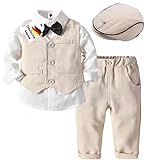 LEONARDINO Baby Jungen Bekleidung Set | Taufe | Junge 5tlg mit Fliege + Weste + Hut Gentleman Langarm Anzug | Outfit für festliche Anlässe | Geburtstag | Hochzeit