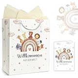 Geschenktüte Baby Geburt, Geschenktasche mit Glückwunschkarte, Geschenke zur Geburt Junge & Mädchen, Geschenkverpackung Papiertüten mit Henkel und Seidenpapier - Willkommen AUF DER WELT