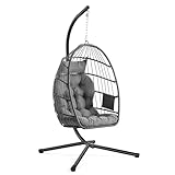 SONGMICS Hängesessel mit Gestell, Hängeschaukel Outdoor, Korbsessel, Korb klappbar und abnehmbar, Hängestuhl höhenverstellbar, Seitentasche, Kissen, Wohnzimmer Garten Balkon, grau GDC050GZ01