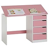 IDIMEX Kinderschreibtisch aus massiver Kiefer in weiß/rosa, praktischer Schreibtisch mit neigungsverstellbarer Tischplatte, schöner Jugendschreibtisch mit 4 Schubladen