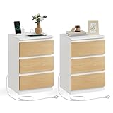 VASAGLE Nachttisch mit Steckdosenleiste, 2er Set, Beistelltisch, 3 Schubladen, 2 AC-Steckdosen, 2 USB-A-Anschlüsse, Wohnzimmer, Schlafzimmer, Arbeitszimmer, modern, wolkenweiß-mandelgelb LET831Y01