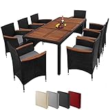 Montafox Sitzgruppe 8 Personen Poly Rattan Sitzgarnitur Akazienholz Tisch 190 x 90cm Sitzkissen 6 cm Terrasse Garten Essgruppe Schwarz Gartenmöbel Set, Farbe:Kieselstrand
