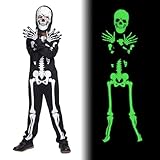 Ntwdby Skelett Kostüm Kinder, Skelett Outfit Glühen im Dunkeln für Kinder, Halloween Skeleton Costume Kinders, Skeletts Kapuze Handschuhe, für Halloween Karneval Cosplay Jungen Mädchen (M)