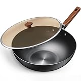 Jobin Wokpfanne 32cm/5,2L Pfanne mit Deckel Karbonstahl Wok Ohne Chemische Beschichtung und zum Kochen von Asiatischen Gerichten für 4-6 Personen für Alle Herdarten Geeignet