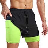 Danfiki Herren Sport Shorts Kurze Hose Schnell Trocknend Sporthose Leicht mit Reißverschlusstasche Laufshorts mit Taschen Hosen Fitness Laufhose,Schwarz Grün,L