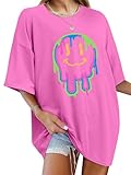WIEIYM Tshirt Damen Oversized T-Shirt Rundhals Kurzarm Lose Top Sommer T-Shirts Tops Shirt Oberteile Frauen Gedruckt Lässig Oberteile Bluse,Hot Pink,XL