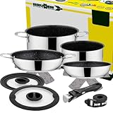 BRUNNER: Camping Topf-Set Edelstahl (Kochtöpfe, Bratpfanne & Griff) ø 22 cm - ACADEMY NG 7+1 Teilig - Elektro-Herd, Gaskocher, Induktion & Keramikkochfeld - Für 2-4 Personen