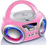 Cyberlux CD-Player mit LED-Beleuchtung, Kopfhöreranschluss, tragbares Stereoradio, Kinderradio, Stereoanlage, USB, CD/MP3-Player, UKW-Radio, Kopfhöreranschluss, Aux in Pretty Kitty Pink