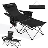 IEEILULU Campingstuhl Faltbar, Liegestuhl Klappbar Camping, 2 in 1 Campingstuhl Belastbar 130 kg, Angelstuhl Faltbar, Liegestuhl Outdoor mit Getränkehalter Seitentasche Kühltasche (Schwarz)