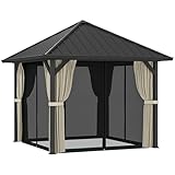 Outsunny Pavillon mit Hardtop, ca. 3x3 m Wasserdicht Stabil Winterfest Gartenpavillon mit Moskitonetz, Seitenteile, Garten Pavillon aus Metall, Pavillon für Garten, Terrasse, Dunkelgrau