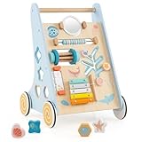 DREAMADE Lauflernwagen Holz, multifunktionale Lauflernhilfe mit Montessori Spielzeug, Schiebe- und Zieh-Lernaktivitätszentrum mit Rädern, Baby Walker für Jungen und Mädchen