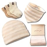 LILEJO Geschenk zur Geburt - Baby Geschenk für Mädchen und Junge - Mütze/Halstuch/Socken mit Grußkarte - 100% Bio-Baumwolle