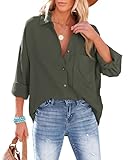 NONSAR Bluse Damen Lässiges Hemd mit V-Ausschnitt 100% Baumwolle Lockere Passform Solide Dickes Oberteil Elegant mit Tasche(9353M,Armeegrün)