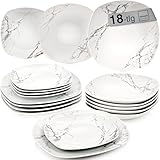 Sänger | Tafelservice Bilgola Marmor Weiß, 18-teiliges Geschirrset für 6 Personen mit Suppen-, Dessert- & Speisetellern aus Porzellan, Teller Set, Essgeschirr, Eckig | PREMIUM COLLECTION