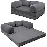 MeMoreCool 4-in-1 Boneless Couch, Umwandelbares Schlafsofa mit Armlehnen, Faltbare Matratze und Schlafsessel, Bequemes Schlafcouch für Wohnzimmer und Schlafzimmer als Lounge oder Gästebett, Grau
