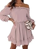 Dokotoo Kleid Damen Langarm Elegant Hohe Taille Einfarbig Schulterfrei A-Linien Minikleid Partykleid Freizeitkleid Dating-Kleid Sommerkleider Rüschenkleid Rosa M