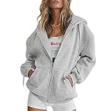 Damen Oversized Full Zip Kordelzug Hoodies Sweatshirts Langarm Y2K E-Girl Pullover Jacken mit Taschen (Grau, S)