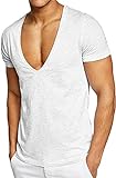 LEEGG Herren Sexy Tiefer V-Ausschnitt Kurzarm Slim Fit T-Shirt Stretch Muscle Gym Workout Sport Tops Lässige Sommer T-Shirts (Weiß,M)