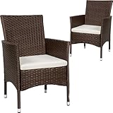 tectake® 2er Set Gartenstuhl aus Polyrattan, Gartenmöbel Set mit 2 Sessel, Outdoor Rattansessel inklusive Sitzpolster und 2 Bezugssets, rostfreie Edelstahlschrauben, pflegeleicht - braun/beige