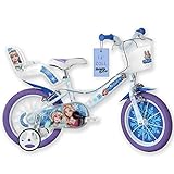 Dino Bikes – 14 Zoll Kinderfahrrad Eiskönigin – Mädchen Fahrrad mit abnehmbaren Stützrädern ab 3 Jahren – Kinderrad mit Frontkorb & Puppenträger – verstellbare Sattel- & Lenkerhöhe (Weiß-Blau)
