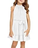 Halomoning Mädchen Kleid Ärmellos Einfacher Klassiker Casual Knielang für Kinder Sommer Prinzessin Party Hochzeit Tie Taille A-Linien Weiß 9-10 Jahre