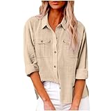 Shirt Leinen Damen,Langarm Blusen Damen,Leinen Damenhemd Sommer Langarm Revers Button Down Hemd Leichte Gaze lose lässige Mode Shirt Kleidung,Beige,M