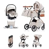 Kakbgee 3 in 1 Kinderwagen mit Babyschale, Faltbar Buggy, 7-fach höhenverstellbarem Griff, 4-Rad Federung, Regenschutz, Moskitonetz, Kombikinderwagen für Neugeborene 0-3 Jahre (15kg), Beige