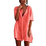 Strandkleid Damen Luftig Strandkleider Sommer Strandtunika Baumwolle Bikini Cover Up Strandponcho Große Größen Rund Ausschnitt Knopfleiste Kurzarm Blusenkleid Pareo Strand (03 Watermelon Red, XL)