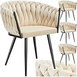 tectake® Samt Stuhl, Schalenstuhl mit Armlehne in Knoten Optik, Esszimmerstühle, Sessel modern für Wohnzimmer, Esszimmer, als Küchenstühle, für Schminktisch, Dining Chair Set - Sand, 4er Set