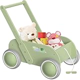 Lauflernwagen Holz, Baby Lauflernhilfe für Junge und Mädchen, Toddler Push & Pull Lauflernspielzeug, Kinderwagen aus Holz, Baby Walker mit Rädern, Geschenk für Geburtstag Weihnachten, Grün