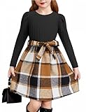 Arshiner Mädchen Kleider Puff Langarm Rippstrick Kariert Patchwork Kleid Kinder Herbst Winter Festlich Freizeitkleid Prinzessinkleid Schwarz/Braun kariert 150 11-12 Jahre