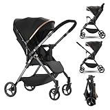 Buggy Kinderwagen, Umkehrbarem Kinderbuggy mit Verstellbare Rückenlehne und Beinstütze, Einhändig Klappbar, 0-36 Monate, bis 25 kg, Stoßdämpfende Federung, 5-Punkt-Gurt (Schwarz)