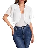 Bbonlinedress Bolero Damen festlich weiß Chiffon Strickjacke elegant Kurzarm Casual Bolerojacke Offene Vorderseite Schulterjacke White L