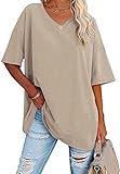 Ebifin Damen Oversize T Shirt mit V-Ausschnitt Kurzärmeliges Casual Lockere Basic Sommer Tee Shirts Bluse.Khaki.XL