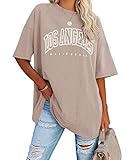 Ebifin Oversize T Shirt Damen Vintage Kurzärmeliges Rundhals Los Angeles Oberteile Tops Casual Lockere Basic Sommer Tee Shirts Bluse.Khaki.L