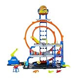 Hot Wheels Spielzeugauto Trackset, mit Die-Cast-Auto und Hubschrauber, 3 Spielebenen, 2 Loopings, Platz für 37 Fahrzeuge im Maßstab 1:64, schnelle Steckadapter, JLC05