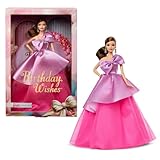 Barbie Signature Birthday Wishes-Puppe, Sammelfigur, Modepuppe mit seidigem rosa Kleid, braunem welligen Haar, Geschenkverpackung, JBJ08