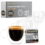 Lemontree 4er Set Espressotassen 80ml - 180 Grad spülmaschinenfest und hitzebeständig - Gastronomie Qualität - doppelwandige Gläser mit Henkel aus Borosilikatglas - Espresso Gläser modern