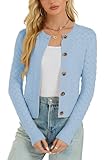 Damen Strickjacke Elegant Langarm Rundhals Cardigan Leicht Bolero Jäckchen mit Knöpfe Weiche Jacke über Top Kleid Blau,M