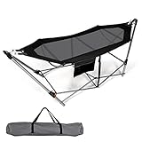 COSTWAY Klappbare Hängematte mit Gestell und Seitentasche, Hängemattengestell bis 150 kg belastbar, tragbar, inklusive Tragetasche, für Indoor und Outdoor (Schwarz)