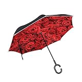 Wamika Regenschirm mit roten Rosen und Blumen, doppelschichtig, umgekehrt, Winddicht, selbststehend, UV-Schutz, Nicht automatisch, groß, gerade, Kopf, C-förmiger Griff für Auto Regen
