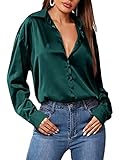 Zeagoo Damen Satinblusen Elegant V-Ausschnitt Hemden Langarm Casual Arbeit Oberteile Mit Knöpfen Hemd Lose Langarmshirt Einfarbig Tops Dunkelgrün M